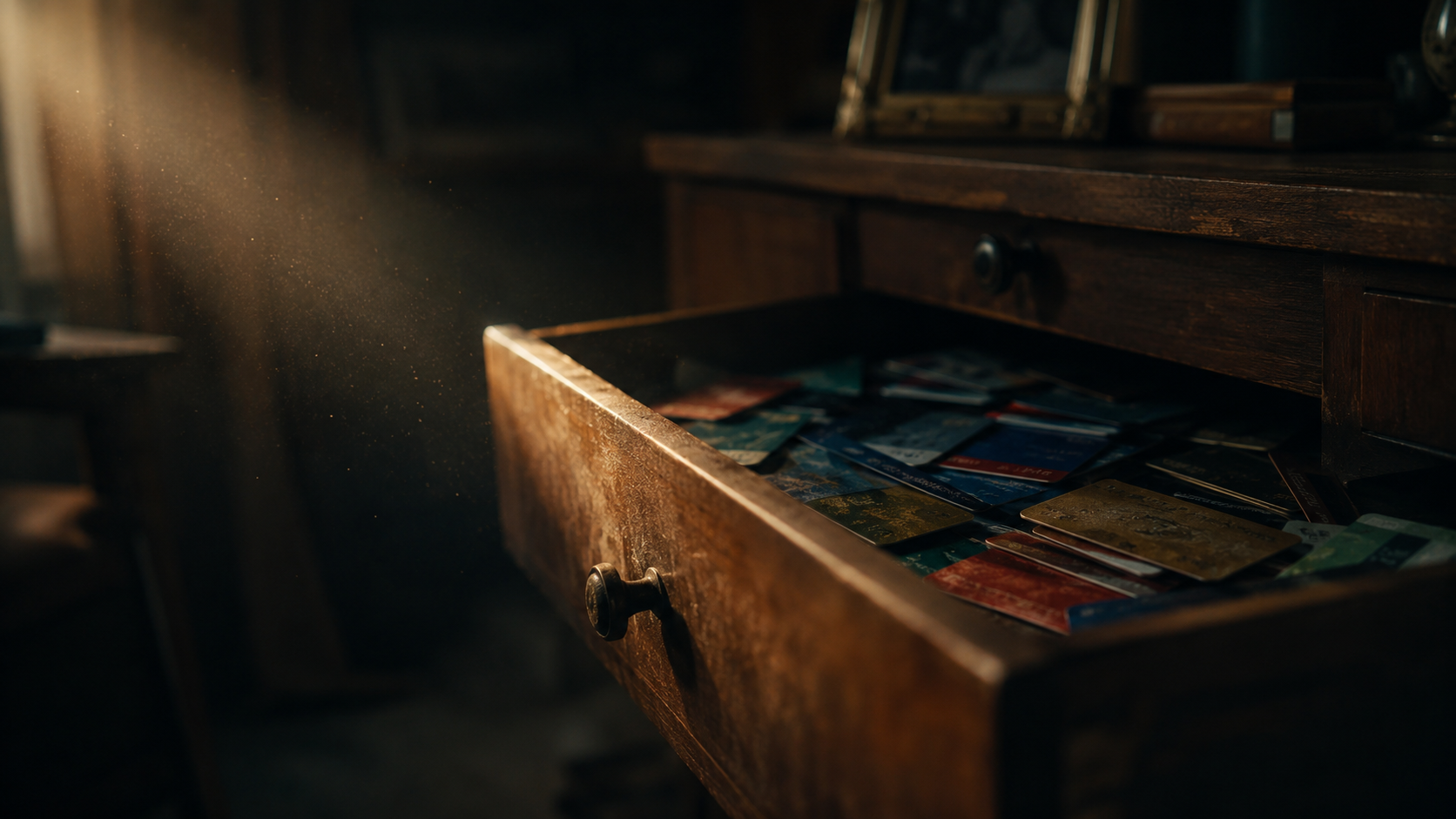 Forgotten gift cards in a dimly lit drawer