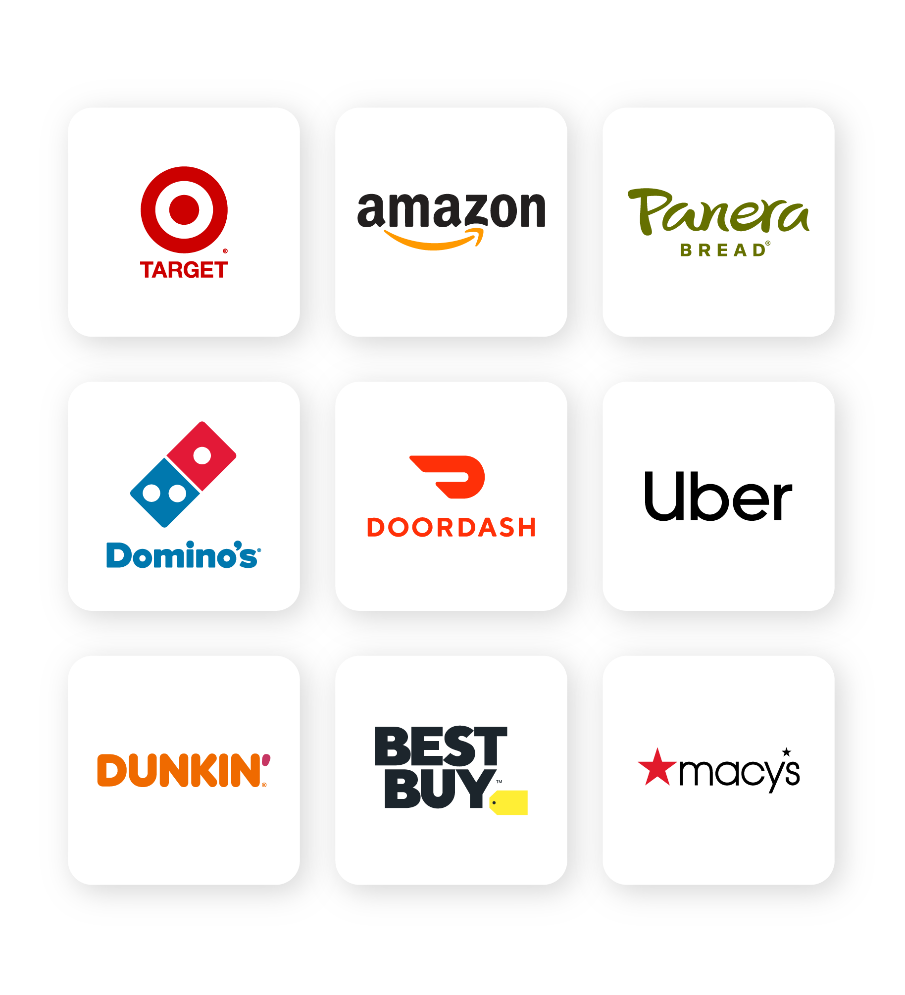 A grid of nine major retail and food brand gift card logos
